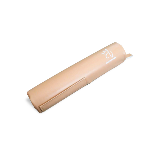 Beige barbel pad with a brand logo on a white background