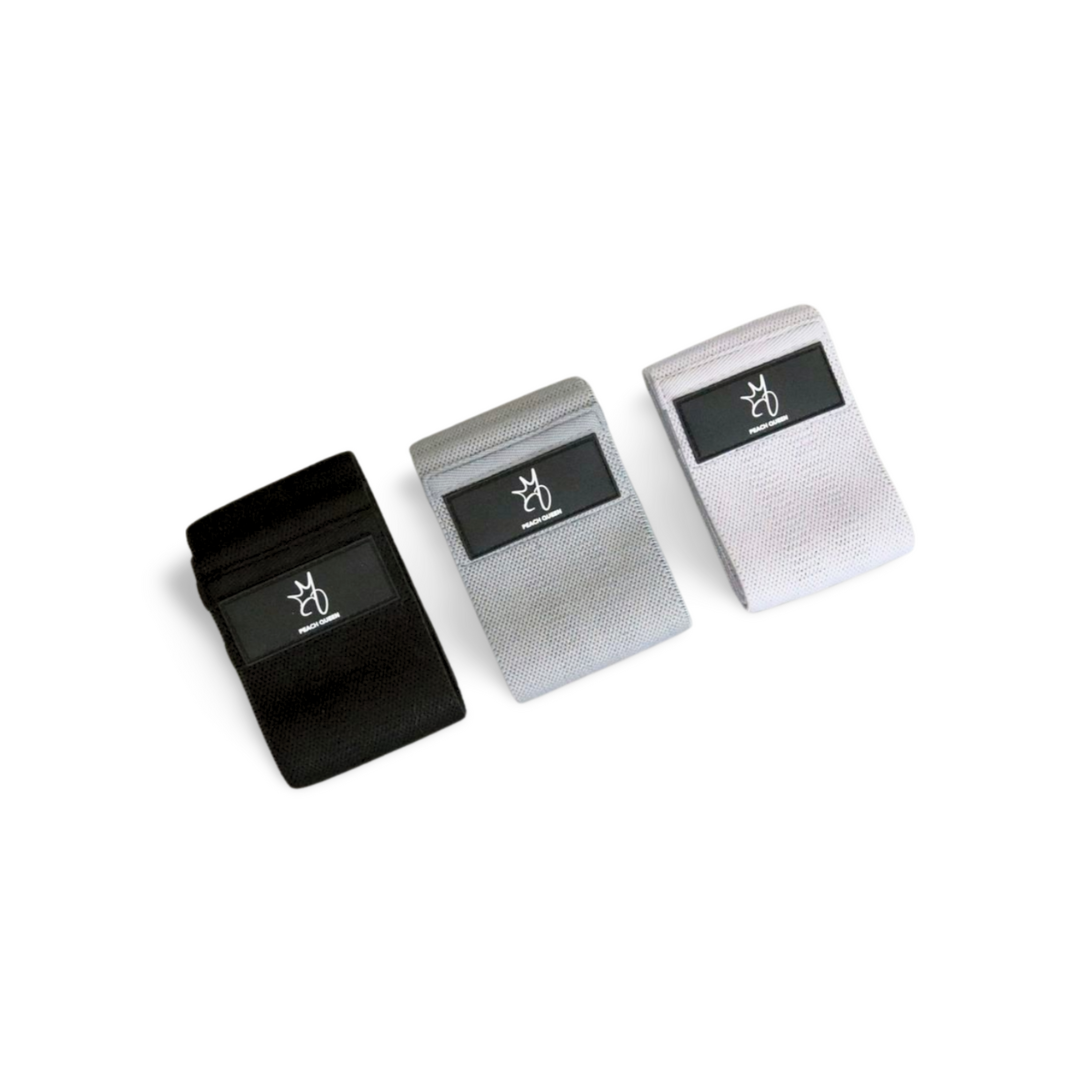 Black set fabric resistance bands with a logo on a white background