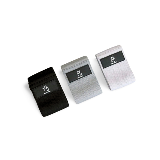 Black set fabric resistance bands with a logo on a white background