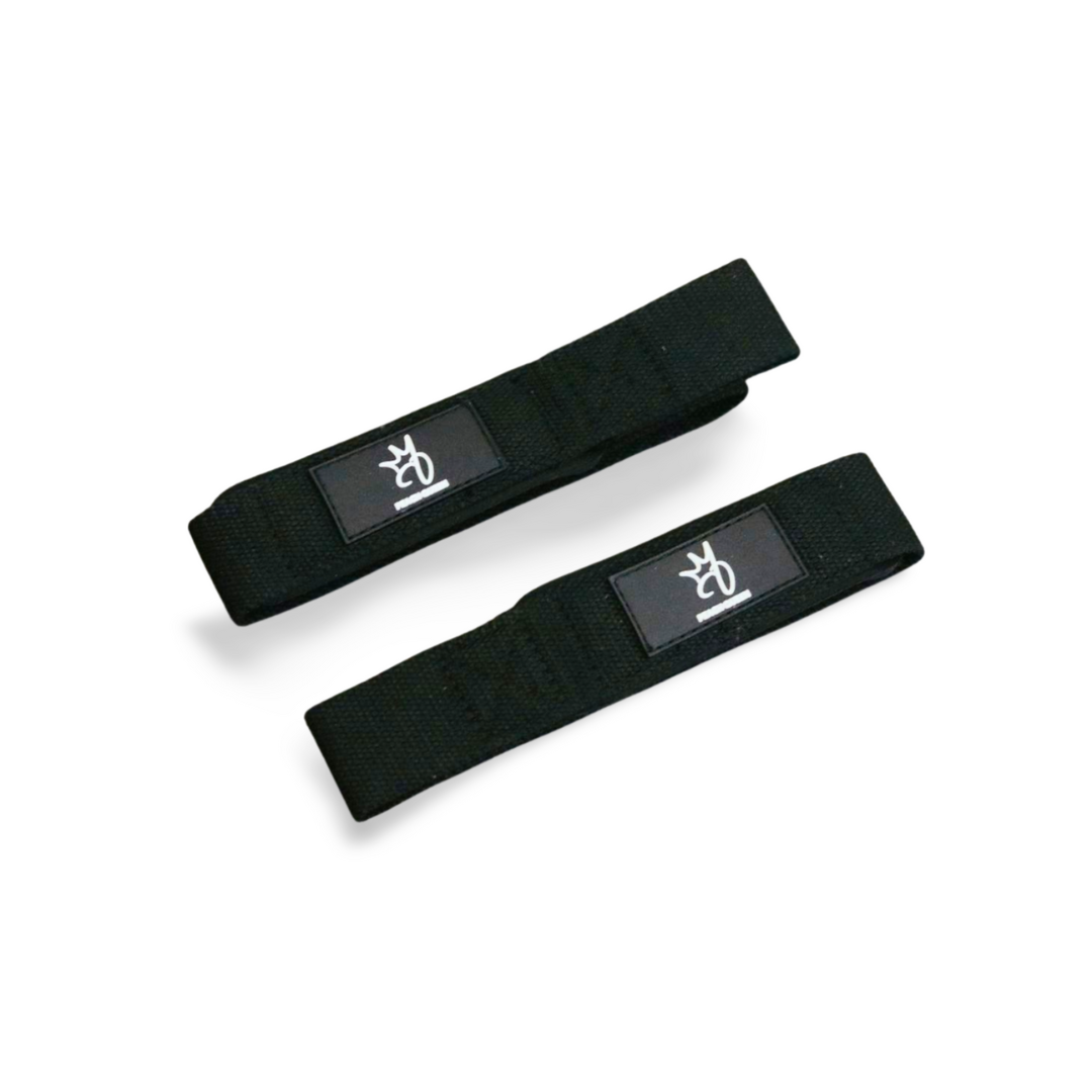 Two black lifting  straps with a logo on a white background