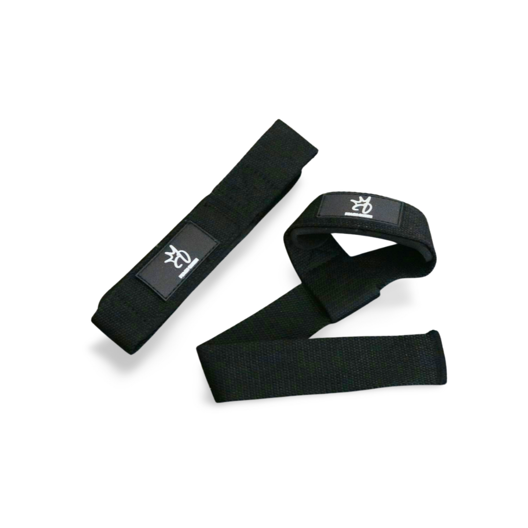 Two black lifting straps with logos on a white background
