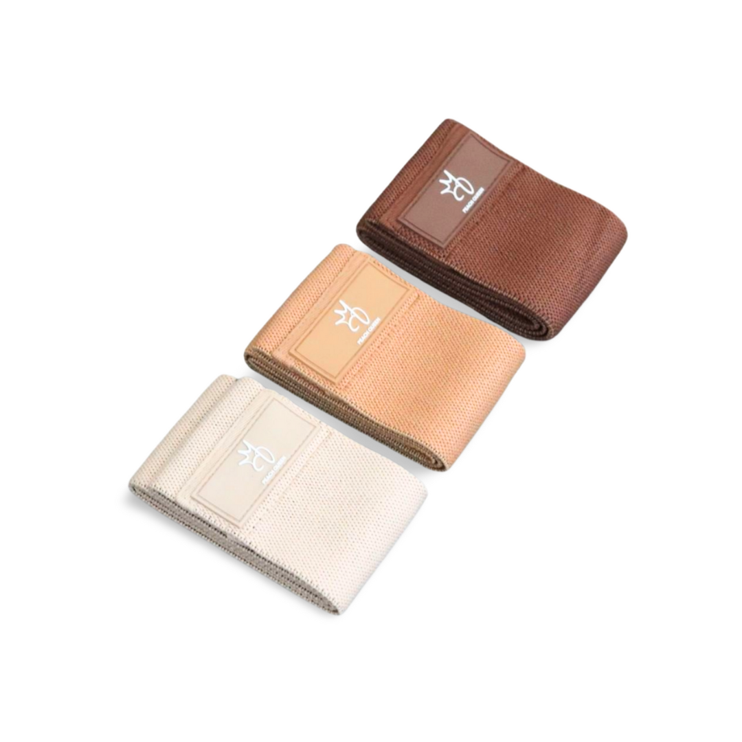 Brown set fabric resistance bands with a logo on a white background