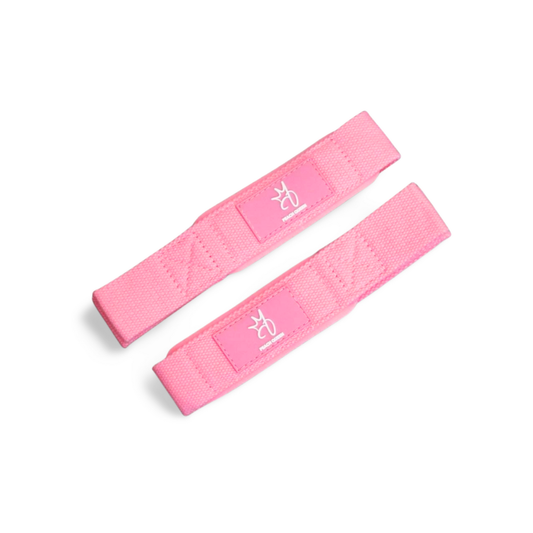 Two pink lifting straps with a logo on a white background
