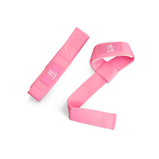 Pink lifting straps with a logo on a white background