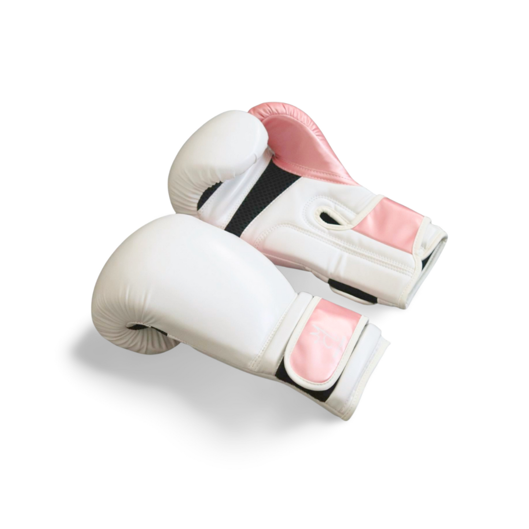 White boxing gloves with pink accents on a white background